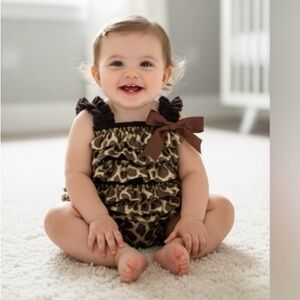 Handmade Baby Girl Giraffe Print Gold & Brown Ruffle Romper Infant Size 6-9 M